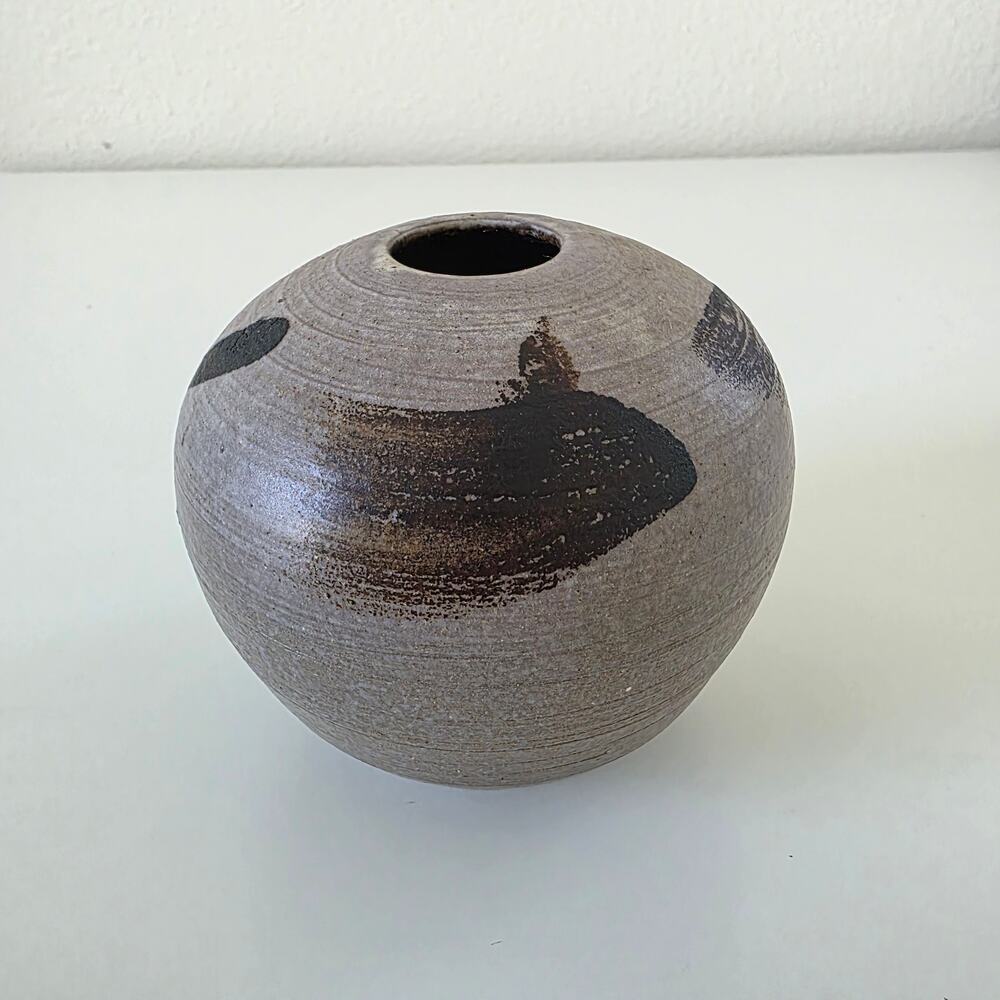Vintage Studio Pottery Modernist Vase Round Brown Black Brushstroke Design - Picture 7 of 14